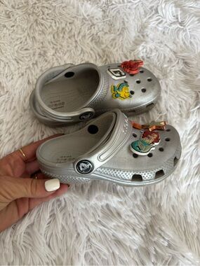 Kids crocs Silver Clog Shoes with Mermaid & Fish Charms